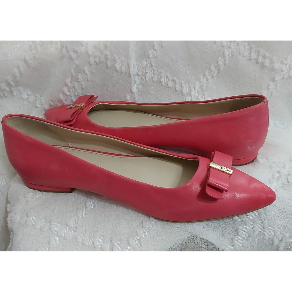 Cole Haan Pink Leather Pointed Toe Bow Flats Shoes Gold Hardware Size 8.5 B